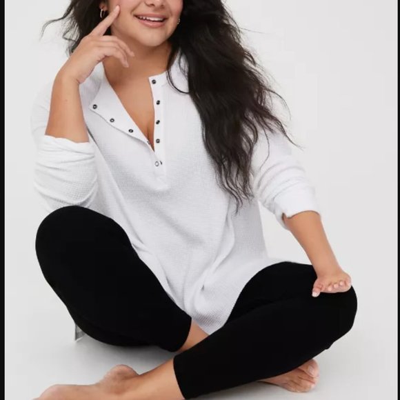 Aerie Ribbed Henley Long Sleeve T-Shirt - White - Picture 2 of 12